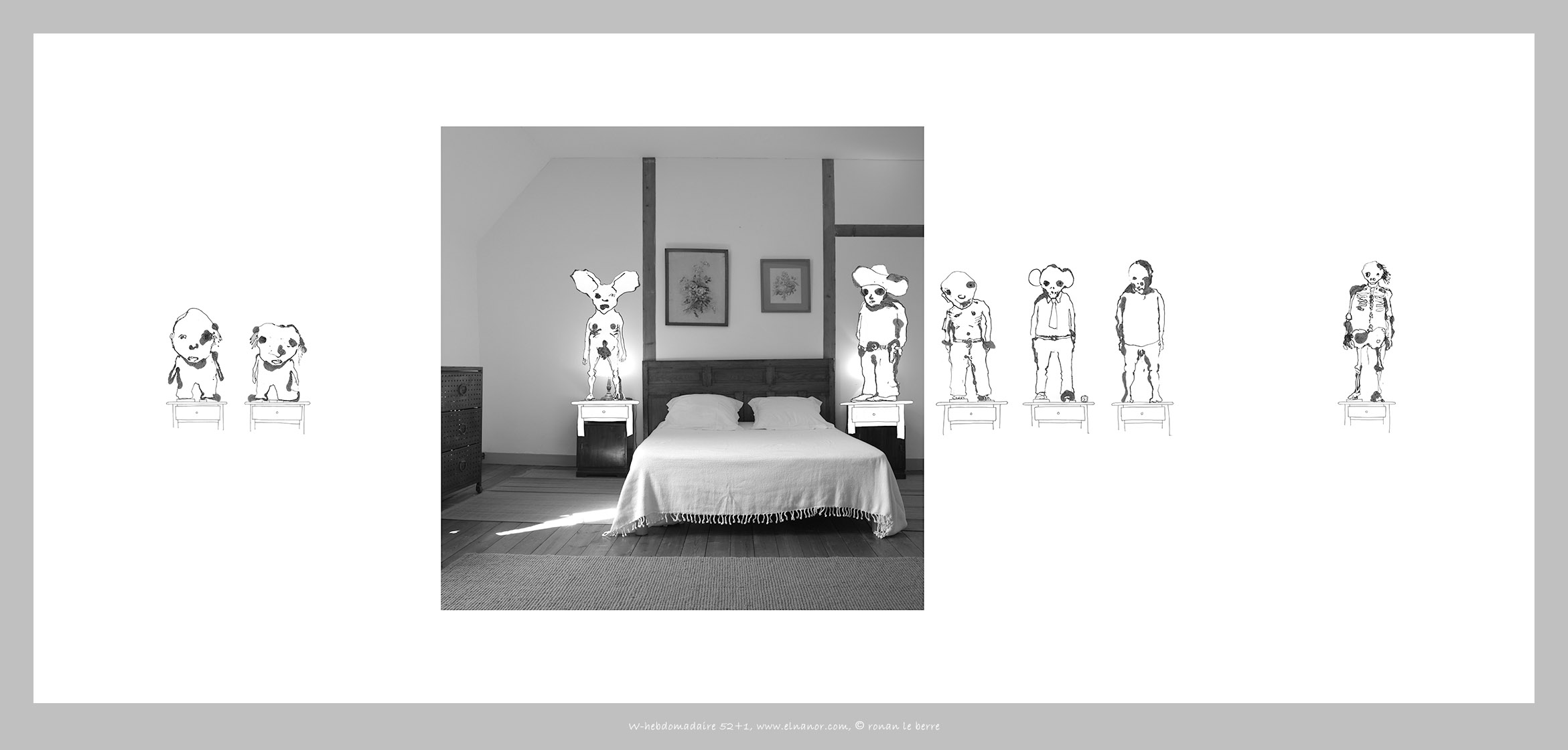 dessins personnages sur table de nuit et photographie de chambre avec lit double, w-hebdo 52+11 ,année 2015 , ronan le berre, elnanor, imagier